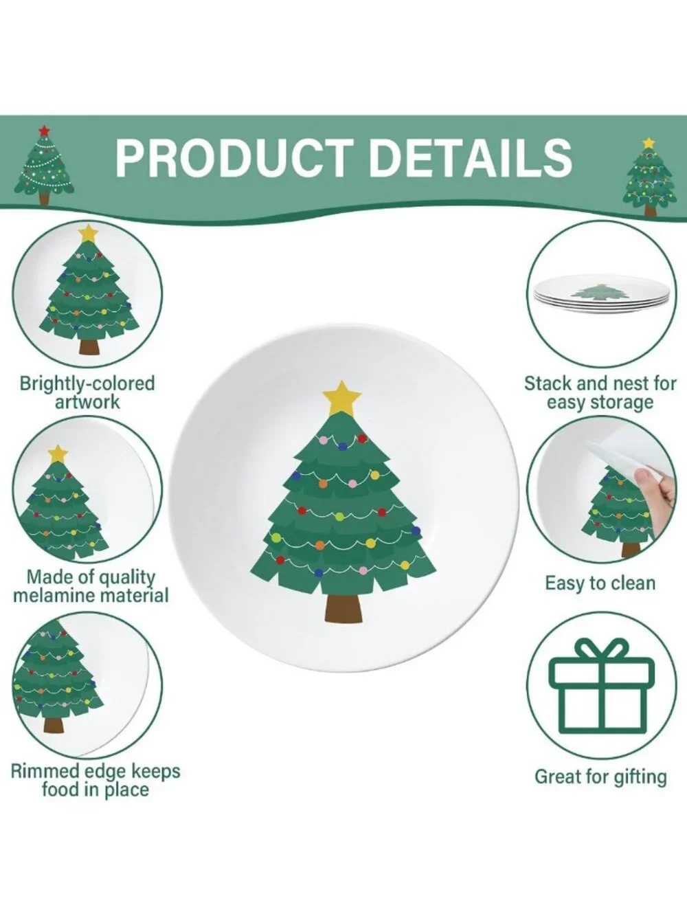 4-Piece 10-Inch Christmas Tree Melamine Dinnerware Set - Reusable